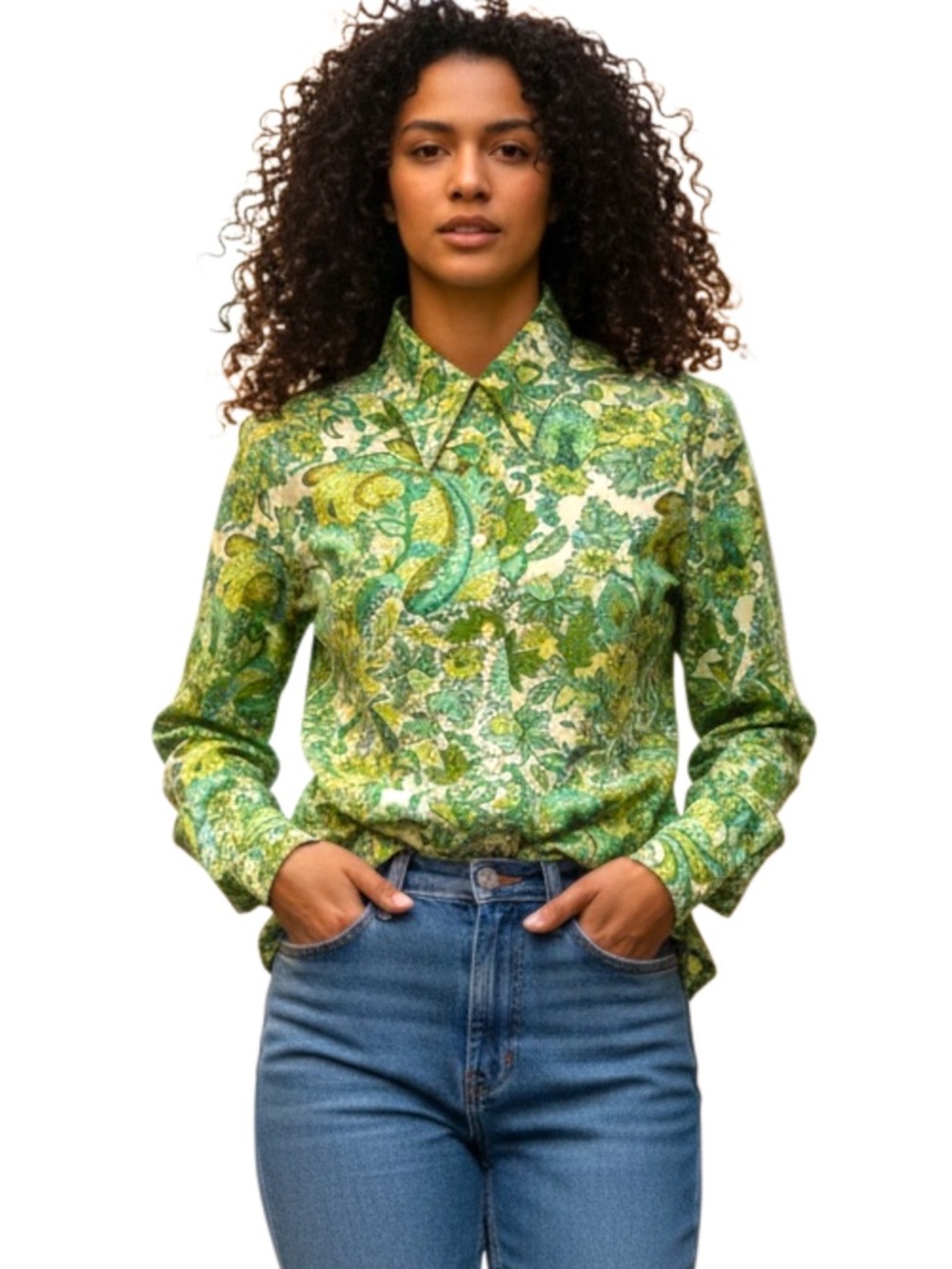 Ninety Green/Cream Paisley Striped French Cuff Retro Blouse Shirt Top (L)